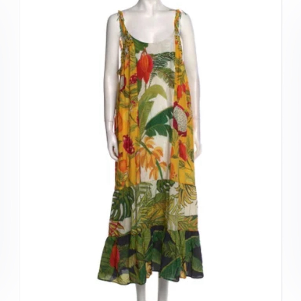 Farm Rio Size Small Patch Multicolor Fruit Print Beaded Tiered Maxi Sun Dress